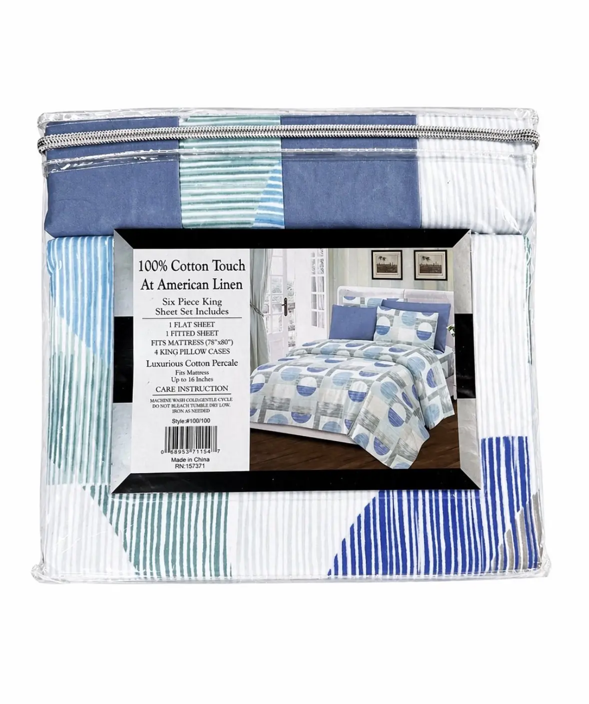 King Size 6 Piece Sheet Set – Soft Cotton Touch – Deep Pocket 16" – Blue & White Stripe Print