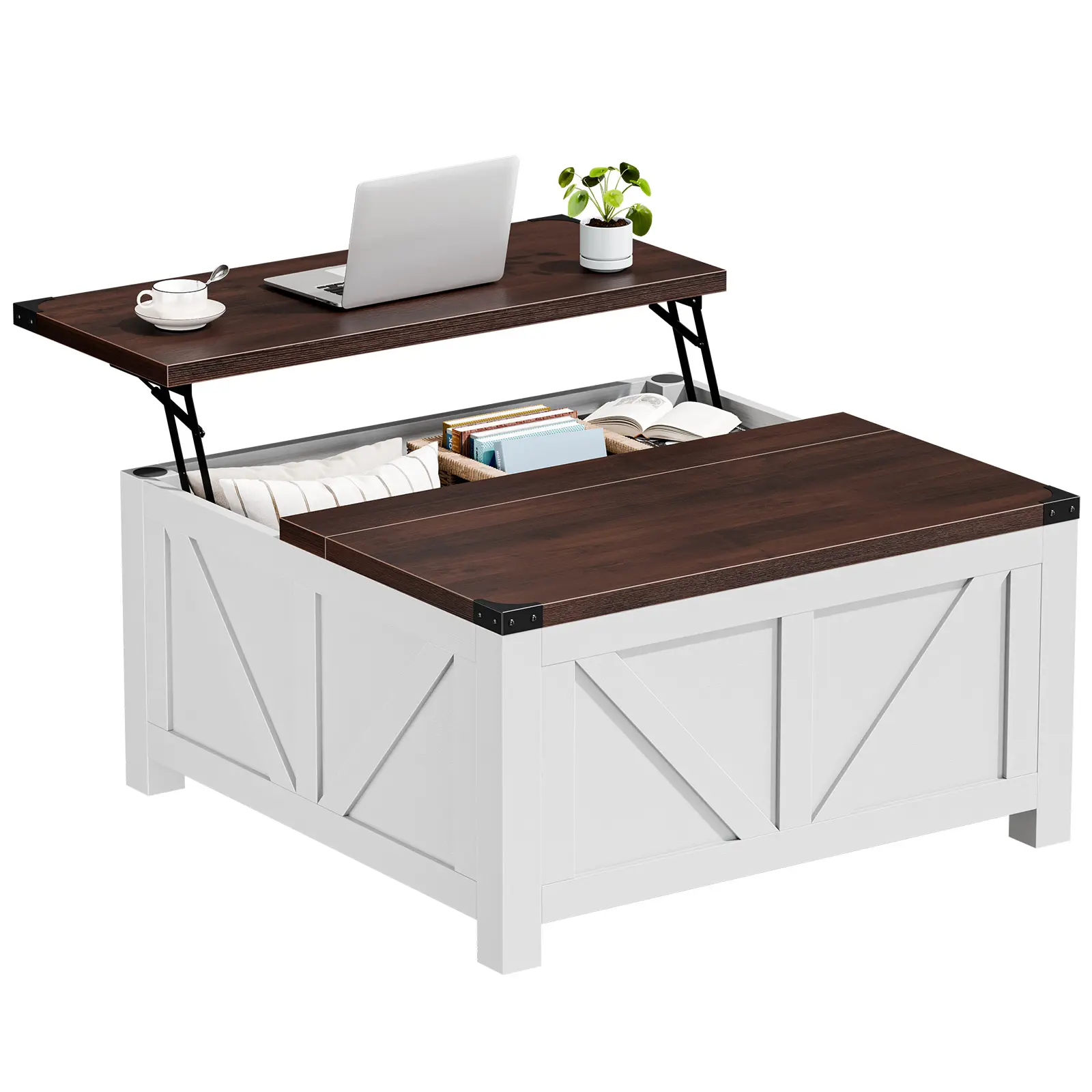 Farmhouse Lift Top Coffee Table with Charging Station and Storage - 35.5 Inch Square Wood Table with USB/Type-C & AC Outlets, Hidden Storage for Living Room Home Office,White and Brown