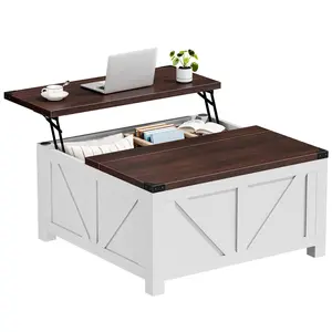 Farmhouse Lift Top Coffee Table with Charging Station and Storage - 35.5 Inch Square Wood Table with USB/Type-C & AC Outlets, Hidden Storage for Living Room Home Office,White and Brown