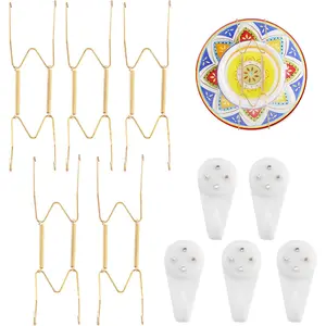 5 Pack Plate Hangers for Wall, Suitable for 8-10 inch Art Plate, Stainless Steel Invisible Heavy-Duty Wire Plate Holder with Wall Hooks, Display Hanger for Decorative Plates/Dishes/Platters(Gold)