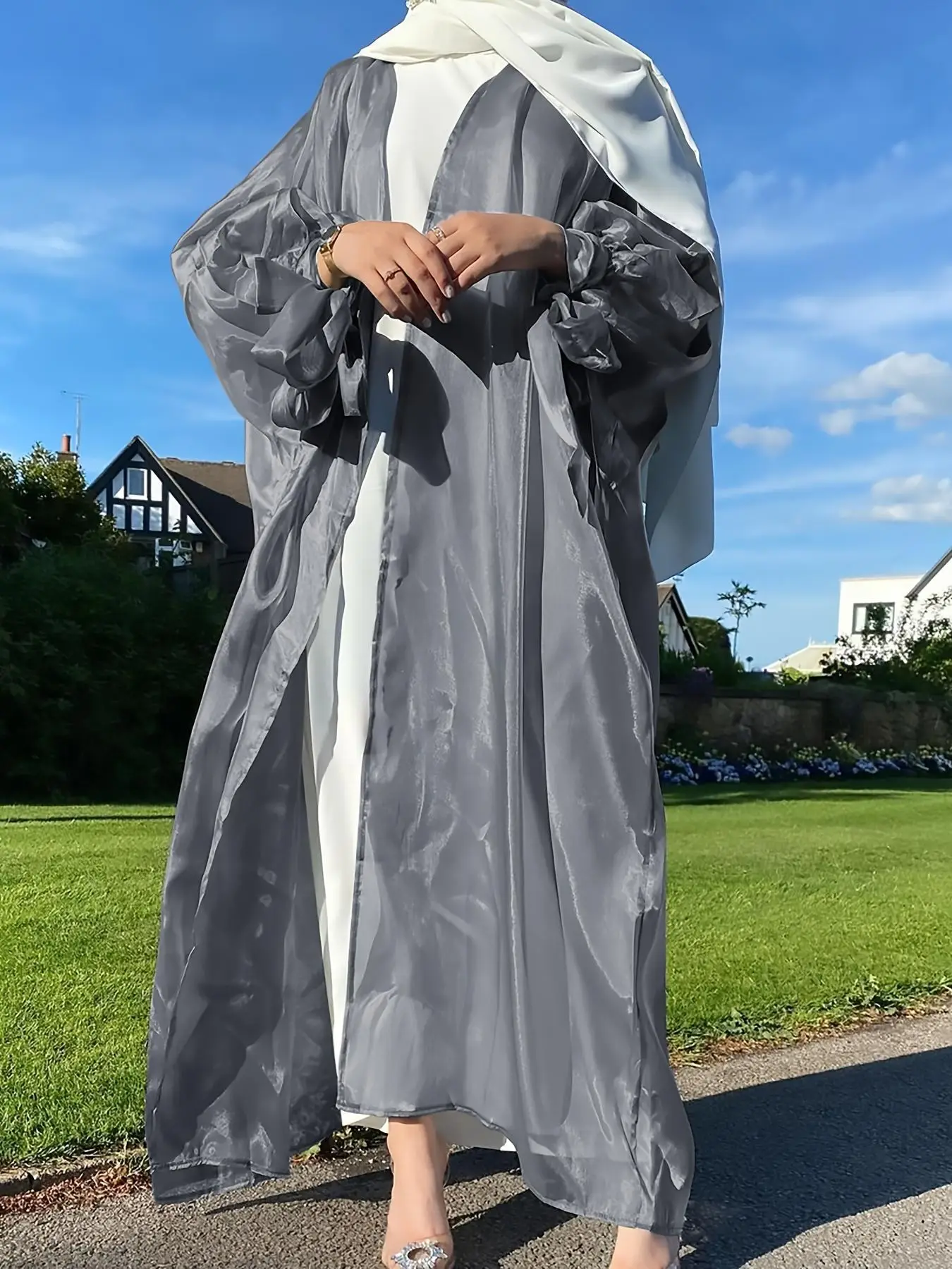 Arabic Clothing-Women's Plain Bishop Sleeve Knot Detail Arabian Dress, Elegant Long Sleeve Open Front Arabian Robe for Daily Wear, Women's Islamic Clo