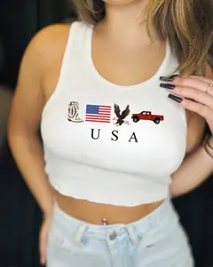 USA Patriotic Crop Top | 4th of July Tank Top for Women | Red White and Blue Ribbed Tee | Cute American Flag Shirt | Summer BBQ Outfit