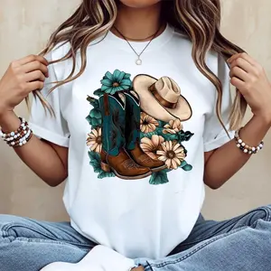 Women's Short-Sleeve Western Floral Print Tshirt, Casual Summer Clothes for Country Music Festival & Daily Wear, Casual T-Shirts Item