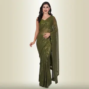 One Minute Sequin Saree - Dark Green