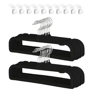 20PCS Black Non-Slip Velvet Hangers, Thin Space-Saving Hangers with 360° Rotatable Silver Metal Hooks, Shoulder Notches, 10 Connector Hooks, for Pants, Suits, Jeans, Towels, 13.75" Velvet Bar & 16.5"