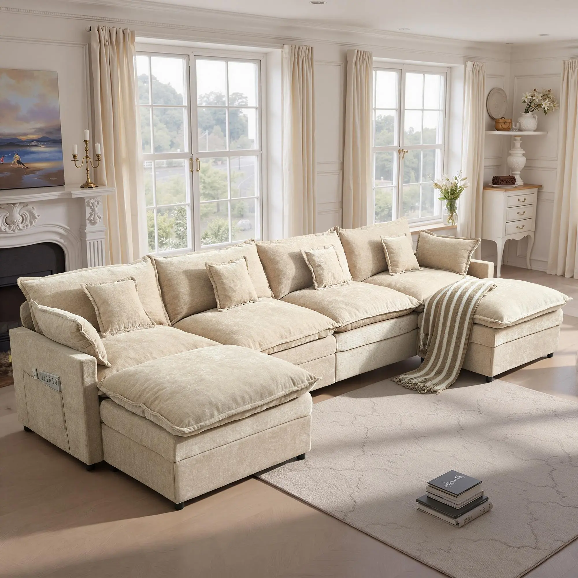 【2 Packages Shipping】OVIOS 108" U-Shaped Modern Sofa Modular Sectional Cloud Couch with 2 Ottoman, Comfy Chenille Deep Seat Sofa Bed for Living Room, Bedroom and Apartment, 5 Pillows Included 【2 Packages Shipping】OVIOS 108" U-Shaped Modern Sofa Modular Sectional Cloud Couch with 2 Ottoman, Comfy Chenille Deep Seat Sofa Bed for Living Room, Bedroom and Apartment, 5 Pillows Included