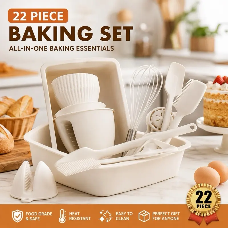 22-Piece Silicone Baking Set – Bakeware Set with Baking Pans, Spatulas, Whisk, Muffin Cups & Baking Tools