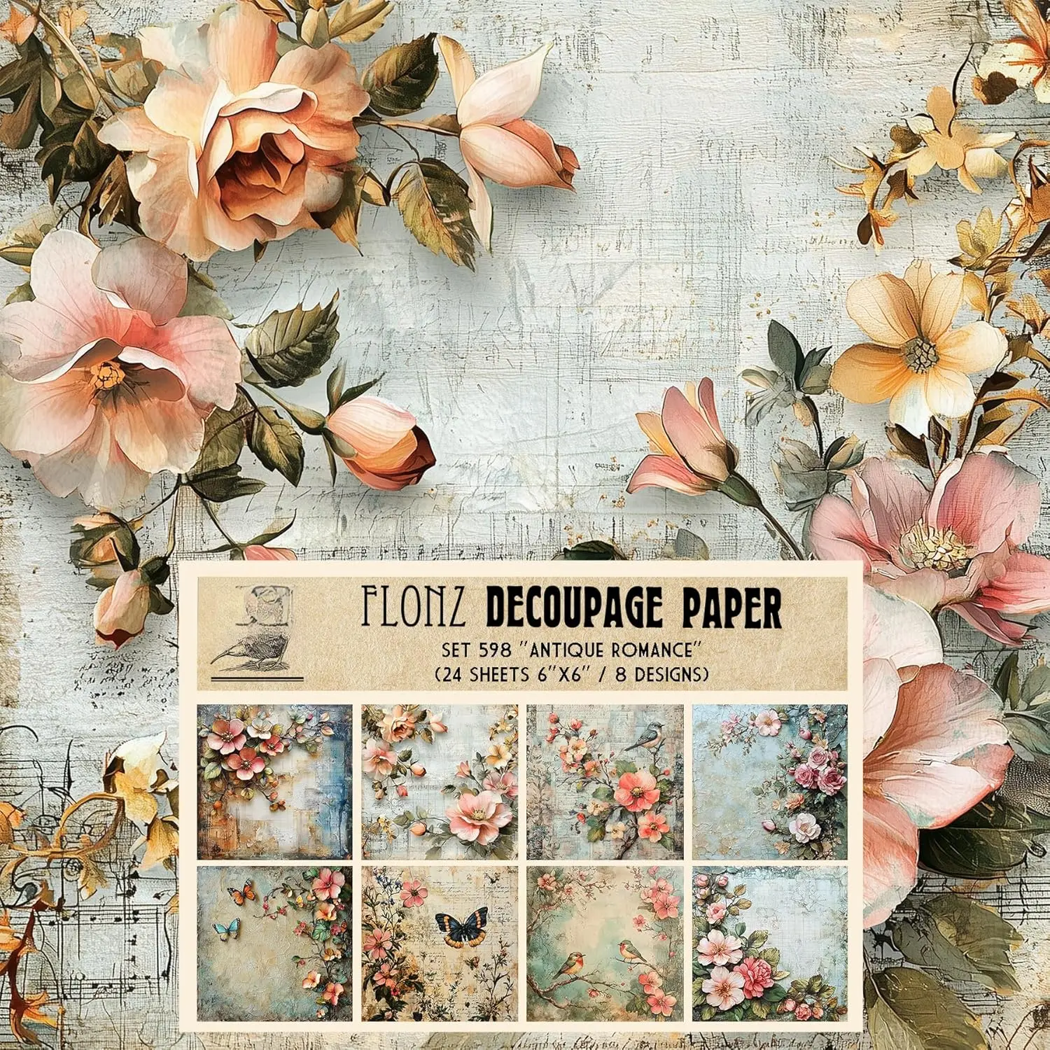 Decoupage Paper Pack (24 Sheets 6"x6") Antique Romance: Delicate Pastel Florals and Textured Backdrops for Timeless Crafting Projects #  Styled Paper for Craft and Scrapbooking