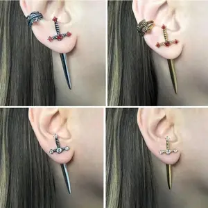 Wish New Gothic Sword Kinitial Women's Earrings Vintage Crystal Diamond Dagger Earrings