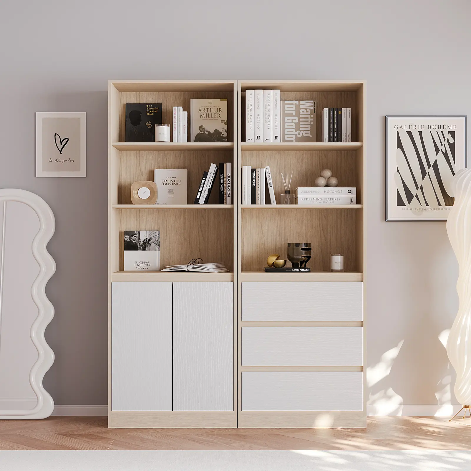 VOWNER 71" Bookshelf Bookcase with 3 Tier & 3 Drawer, Tall Storage Display Cabinet with 3 Shelf & 2 Door, For Living Room, Office, Dining Room