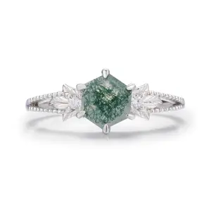 Oasis Moss Agate Ring White Vermeil