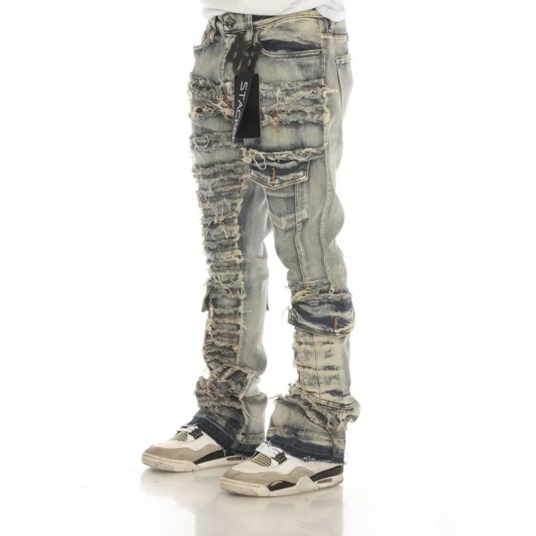 Stylo Khaki 3 Pocket Premium Distressed Stacked Jeans Ripped Denim Streetwear