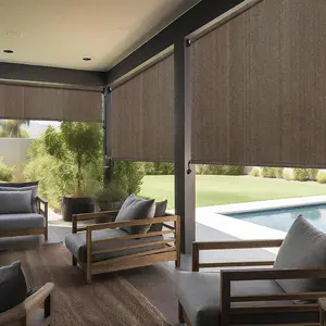 Artpuch outdoor roller shades with splicing design, 8 ft wide × 6 ft high exterior cordless patio shades, roll-up blinds for porch, gazebo, pergola, balcony, mocha