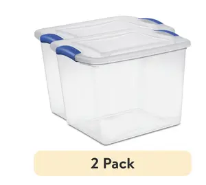 (2 Pack) Small Storage Container, 27 Quart, Clear Plastic Container with Latching Lid, Blue