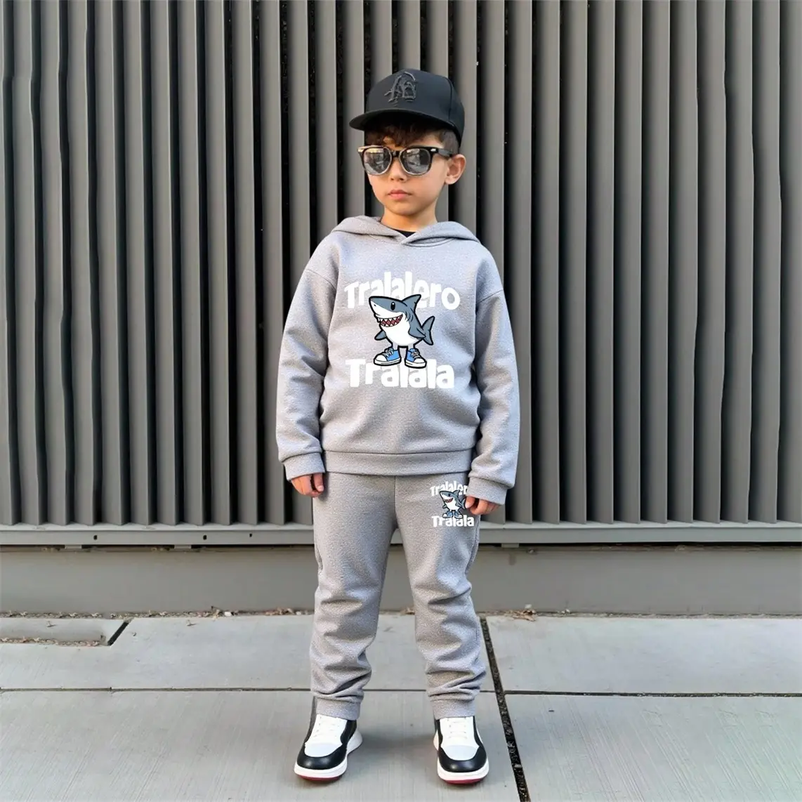 Unisex Children's Shark Print Hooded Tracksuit, Fleece-Lined Sweatshirt And Jogging Pants, Suitable For Casual Indoor And Outdoor Wear In Autumn And Winter.