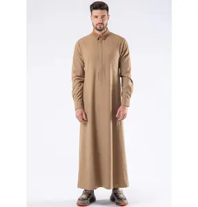 Men's Casual Full Length Islamic Thobe AAR2425 Embroidered Striped - Camel Brown