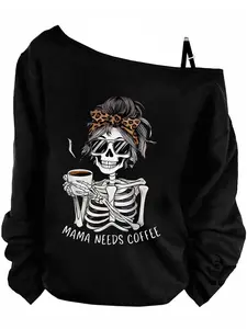 Women's Long Sleeve Casual Fashion Knit Loose Fit Skull Print Top, Halloween Style Fitted Kint Fabric, All Season Comfortable Daily Wear, Casual Fabric Knitwear