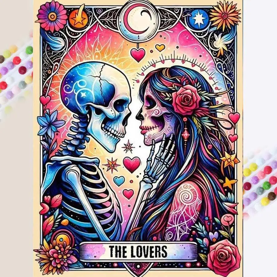 1 DIY Diamond Painting Kit, 5D Diamond Art Set, DIY Decoration, Skull Couple Kissing. Full round diamond diamond painting kit, mosaic, diamond art, DIY art home decor, suitable for Christmas, Handicraft