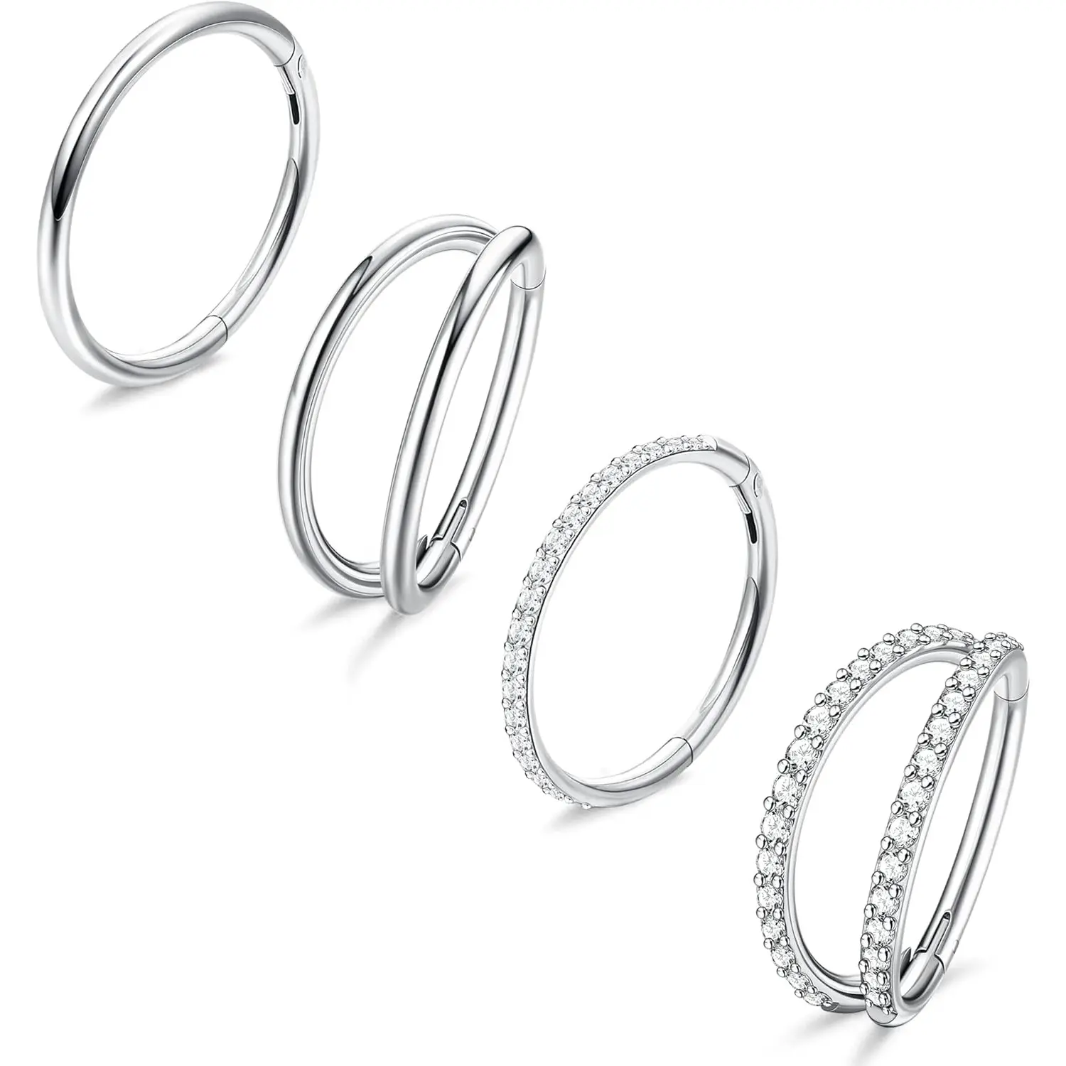 Milacolato 4PCS 18G Surgical Steel CZ Hinged Segment Geometric Body Jewelry - Unisex Clicker Hoops (8mm,10mm) Nose Rings for Conch, Tragus, Septum, Lip, Cartilage, Daily Wear