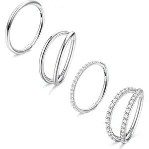 Milacolato 4PCS 18G Nose Rings Hoops, Surgical Steel Earrings Tragus Septum Piercing CZ Clicker Ring, Hinged Segment Conch Lip Cartilage Double Hoops 8mm 10mm For Women Men