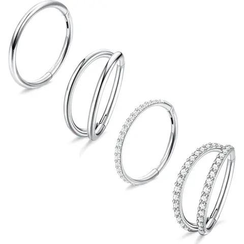 Milacolato 4PCS 18G Surgical Steel CZ Hinged Segment Geometric Star Nose Rings Set - 8mm-10mm Clicker Closure Hoops, Artificial Zircon, 2 Smooth 2 CZ, Highly Polished, 16/18 Pressure Gauges, Unisex Body Jewelry for Daily Wear, Valentine