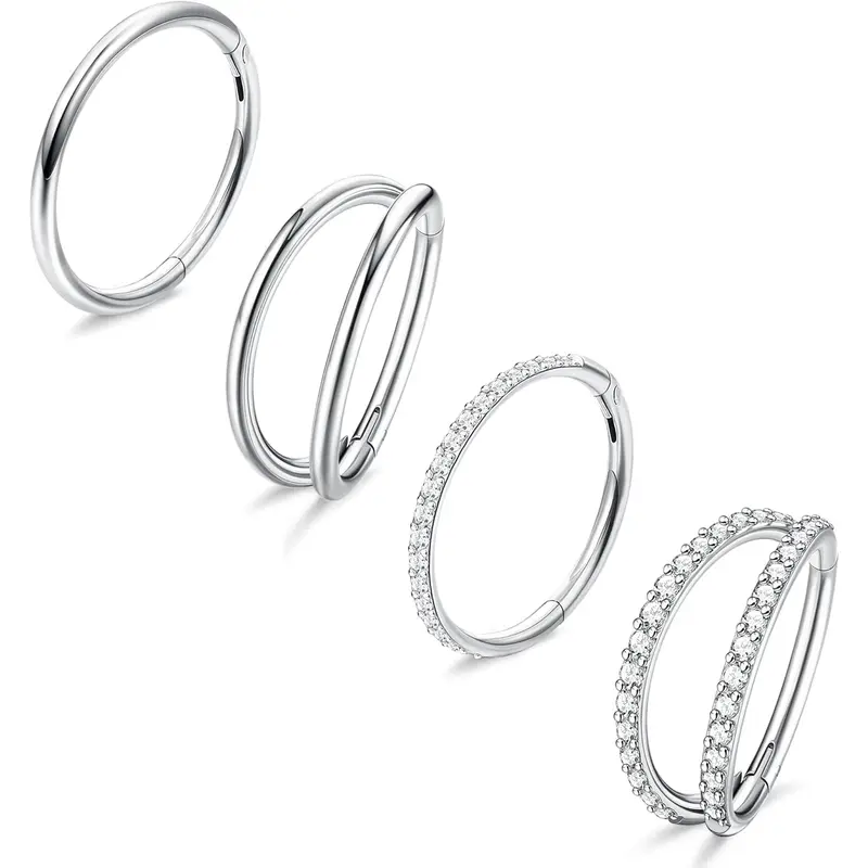 Milacolato 4PCS 18G Surgical Steel CZ Hinged Segment Geometric Star Nose Rings Set - 8mm-10mm Clicker Closure Hoops, Artificial Zircon, 2 Smooth 2 CZ, Highly Polished, 16/18 Pressure Gauges, Unisex Body Jewelry for Daily Wear, Valentine