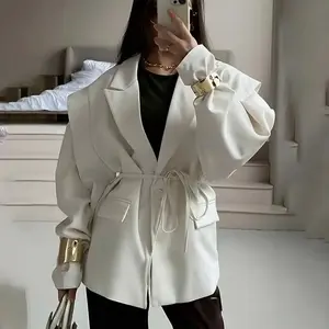 High-End Women's Commute Blazer - Structured Shoulder Pads Design, Waist Tie Slim-Fit Jacket, Elegant Versatile Outerwear for Professional & Casual Outfits