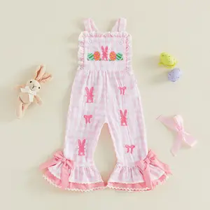 Girls Easter Plaid Overalls Jumpsuit Sleeveless Bunny Egg Bow Embroidery Suspender Flared Pants