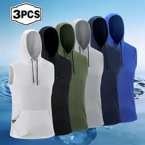 Men's hooded sleeveless vest for summer quick drying, breathable fitness and sports, with a shoulder strap and pockets for running and training
