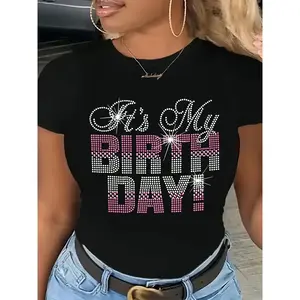 Women'S Sparkling "It'S My Birthday" Letter Print T-Shirt, Fashion Plus Size Slim Fit Crew Neck Tee, Casual Polyester Knit Fabric Top, All-Season Birthday Party Shirt - Premium 180
