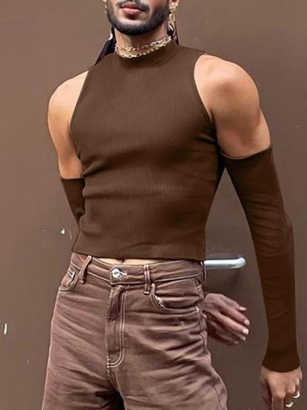 Men's Slim Cold Shoulder Mock Neck Crop Tank Top, Cut Out Long Sleeve T-shirt for Spring & Fall, Comfort Basic Minimalist Menswear for Daily Wear