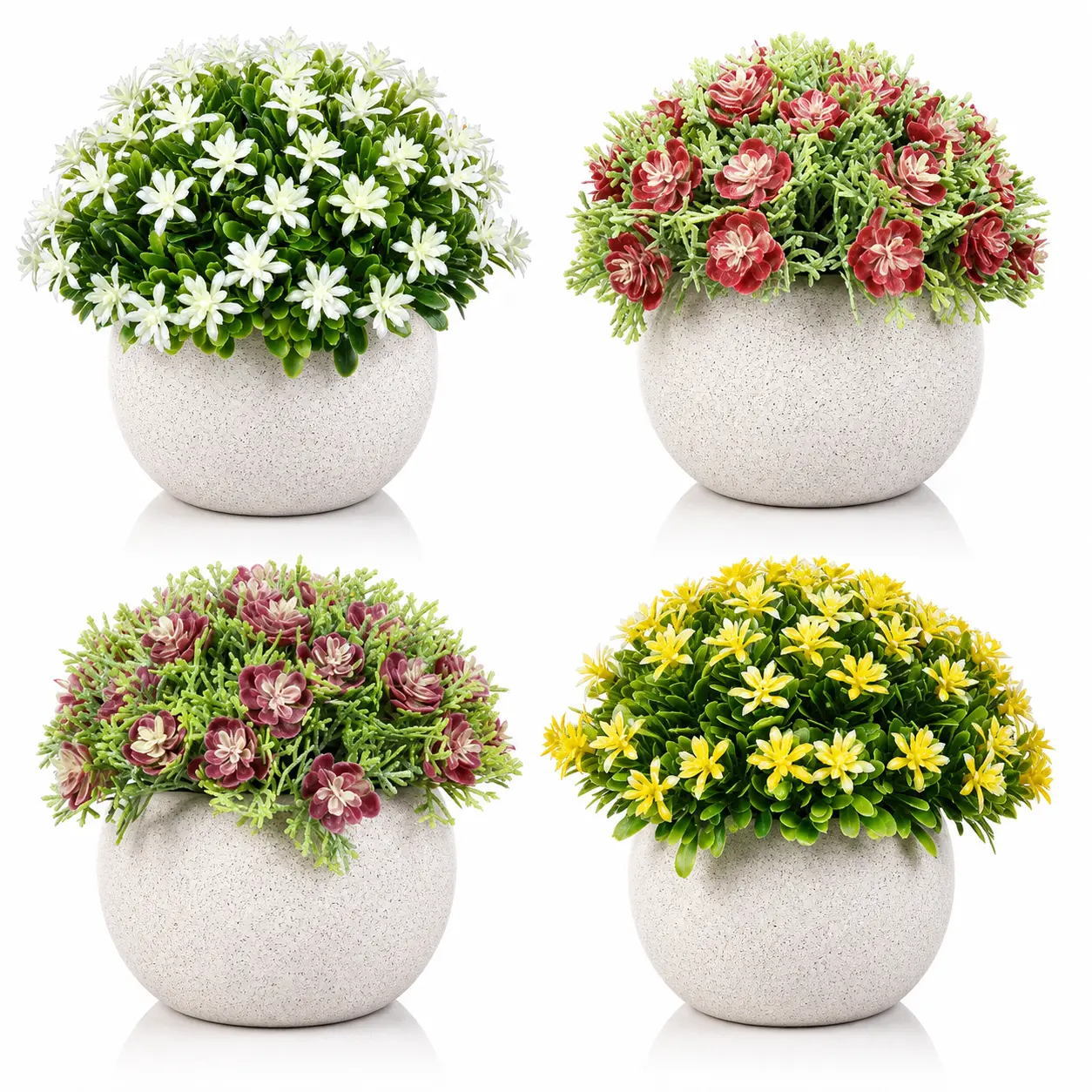 Set of 4 Artificial Flower Plants in Decorative Pots for Home Office Desk Decor,Mini Faux Flower Planters for Home & Office Decor,Faux Realistic Flower Plant Set,Colorful Artificial Flower Pots for Tabletop & Shelf,