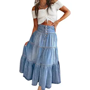 Women's High Waist Long Denim Skirt Button-Fly Tiered Ruffle Swing A-Line Jean Maxi Skirt with Pockets