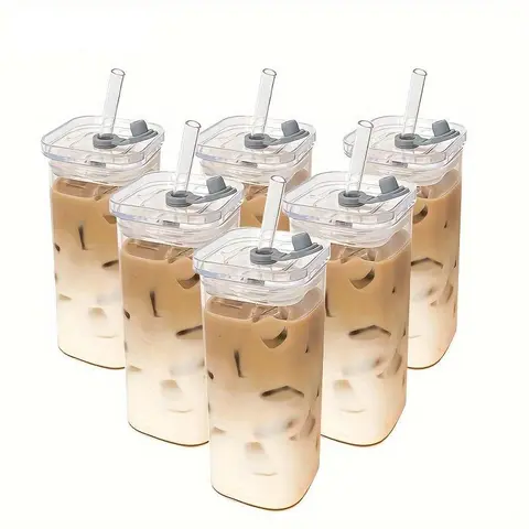 PrimePickGlobal Durable Square Glass Mugs 4/6-Pack - Smooth, Modern, Heat-Resistant, Portable with Straw & Lid, Party-Ready, Hand-Wash Safe, Eco-Friendly Kitchen Drinkware for Home & Outdoor Use