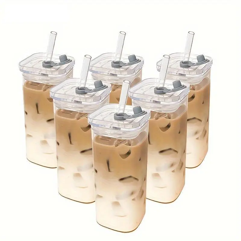 Durable 4/6 Pack Portable Glass Mugs with Straw and Lid - Premium Heat-resistant Drinking Cups for Home, School, and Outdoor Adventures PrimePickGlobal kitchen gadgets Eco Friendly Bottle Clear