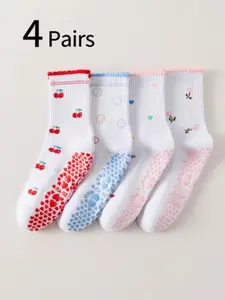 4 Pairs Women's Yoga Socks, Non-Slip Pilates Socks, Indoor Sports Socks, Cute Cherry Heart Flower Print, Breathable Comfortable