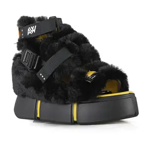 AW Buckled Women's Hidden Wedge Sandals - Black Round Toe Platform Shoes with 3.75 Inch Heel & 1.75 Inch Platform for Summer Walking