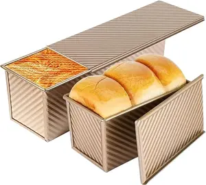 Loaf Pan with Lid, 1.04 lb Dough Capacity Non-Stick Bakeware for Baking Bread, Carbon Steel Corrugated Bread Toast Box Mold with Cover for Baking Bread, Gold