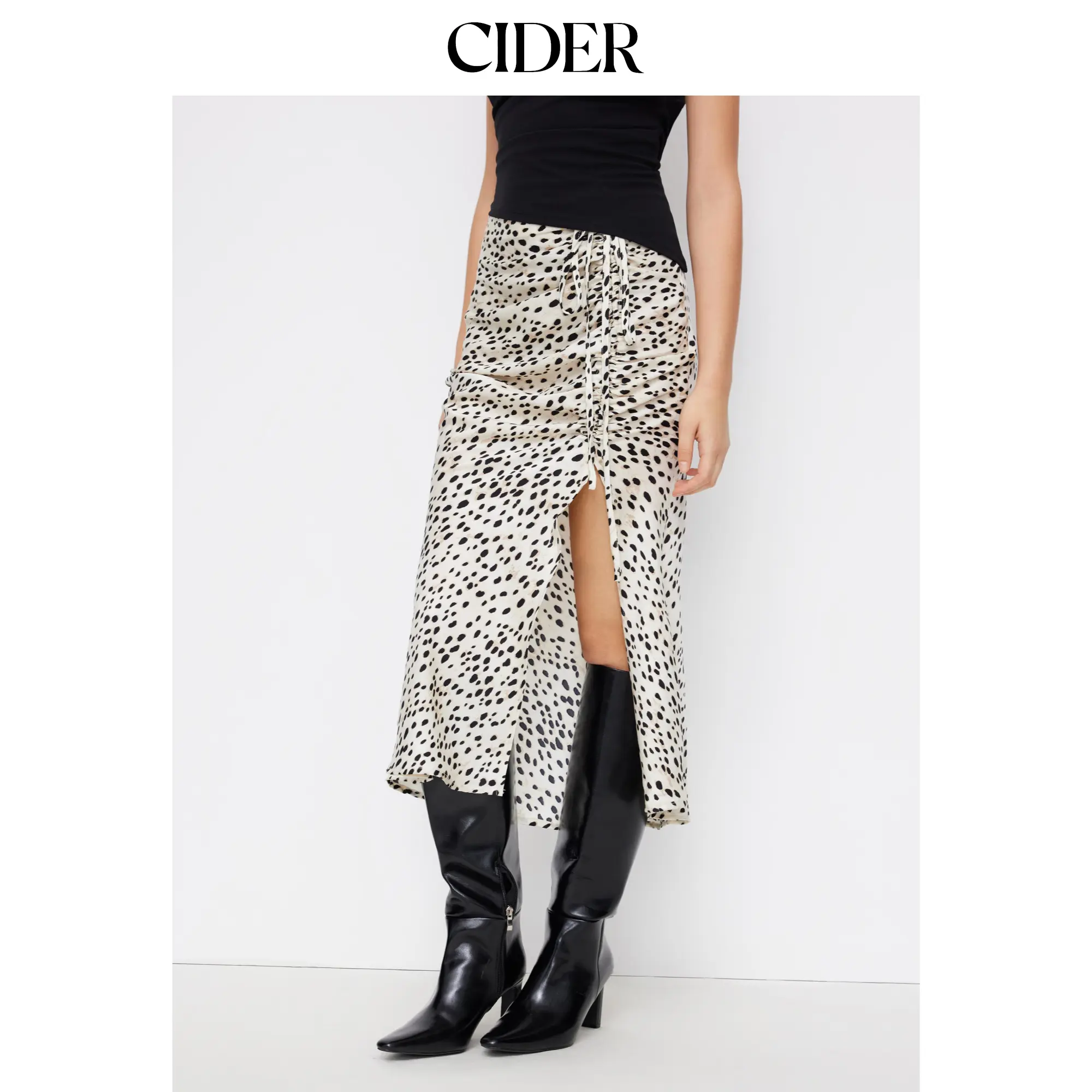 Cider Women's Straight Woven Maxi Skirt in Leopard Print, Featuring a High Side Split and an Adjustable Drawstring Waist, Maxi Skirts, All Over Print