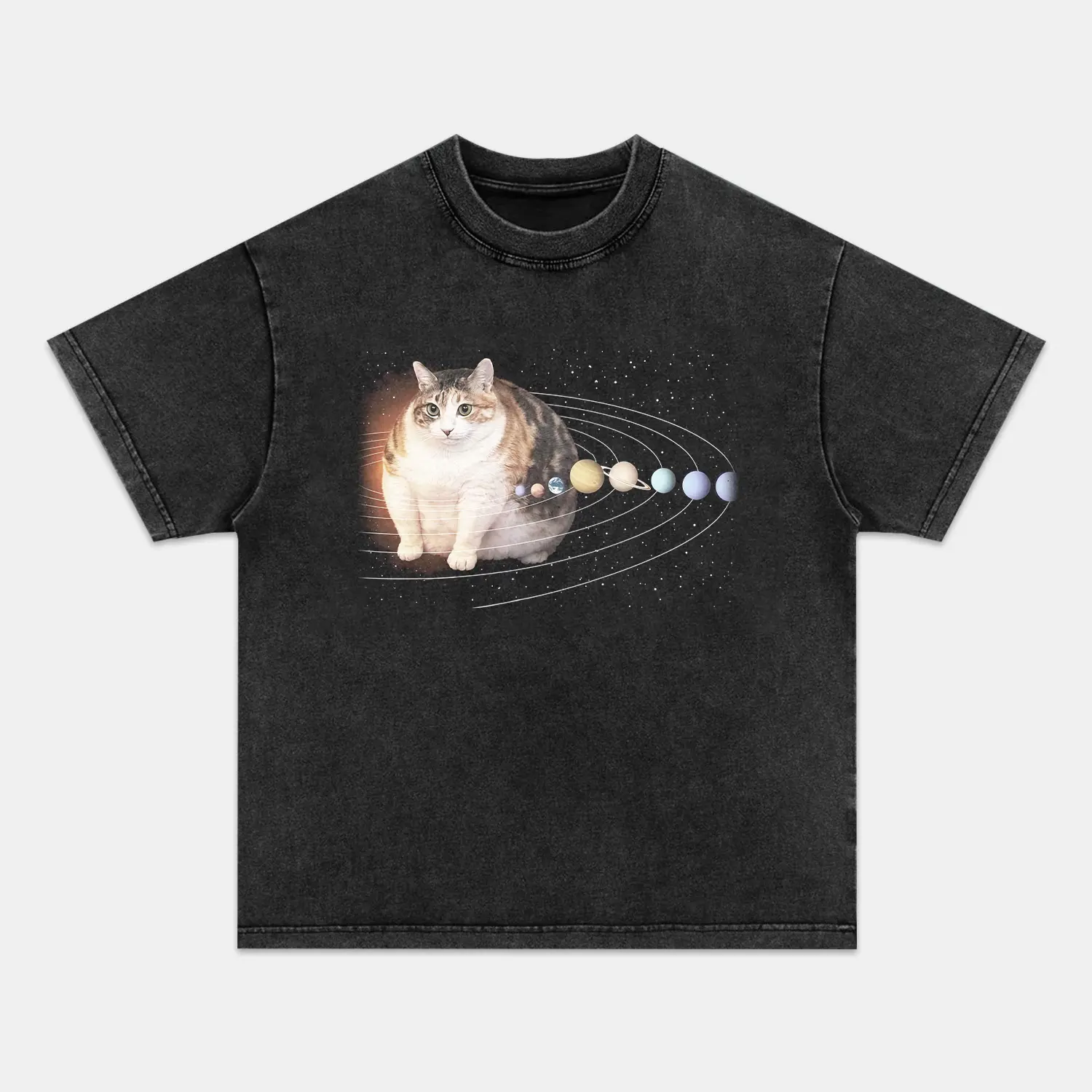 Unisex Wacky Cat Print Vintage Ribbed Round Neck Cotton T-shirt - Regular Fit, Breathable Short Sleeve, Distressed Casual Streetwear Top for Men & Women (022805)