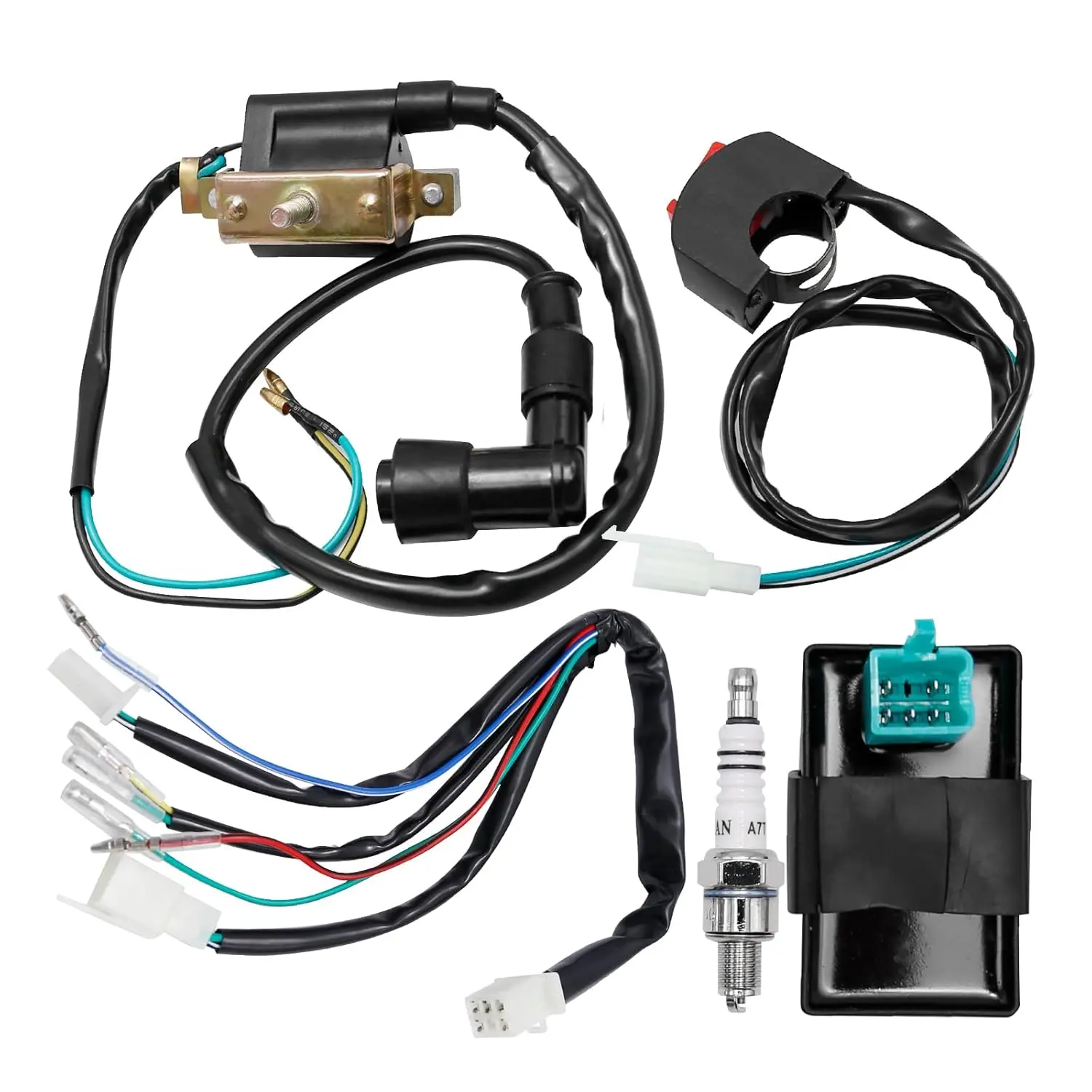 5 Wiring Loom Kill Switch Coil CDI Spark Plug Kit for 50cc 70cc 90cc 110cc 125cc140cc Kick Start Dirt Pit Bike ATV, Replacement for Chinese Pit Bike