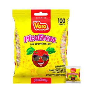 Vero Pica Fresa (100 Count) Strawberry Flavored Gummy Ball Mexican Candy, Spicy, Sweet, Dulces Mexicanos Snack Bonbon