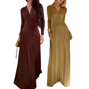 TikTok Viral Elegant Waist Cinching Long Sleeve Maxi Dress Women's Shiny Velvet Evening Gown for Winter Fashion Brown Dark Khaki Vneck Polyester Formal Workwear Basic Minimalist - Womenswear Style Number 250822