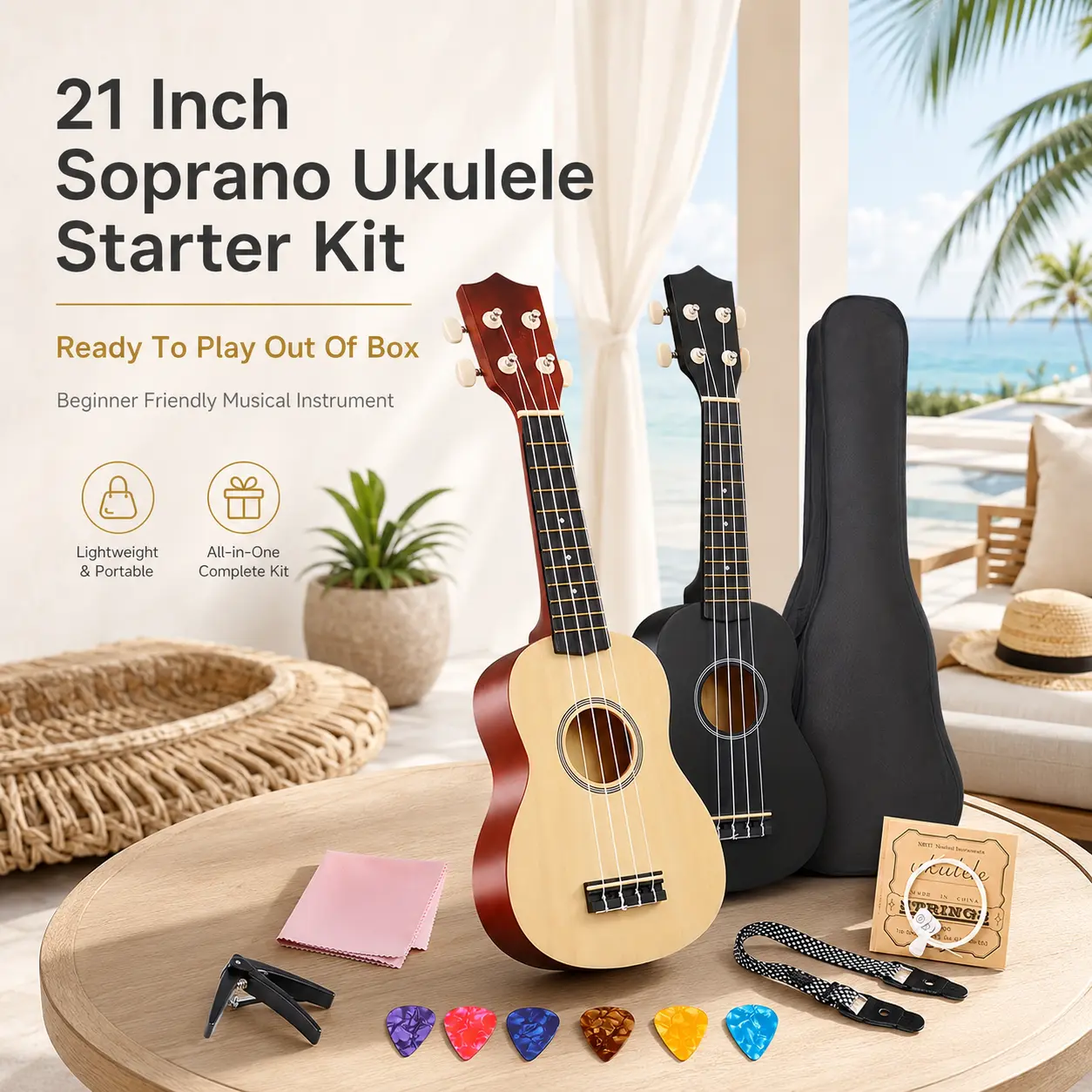 21-inch Hawaiian 4-string mini ukulele | Beginner instrument | Includes backpack, shoulder strap, strings, cleaning cloth, and 3 picks | A favorite choice for music lovers, an excellent gift for Halloween, Christmas, and birthdays