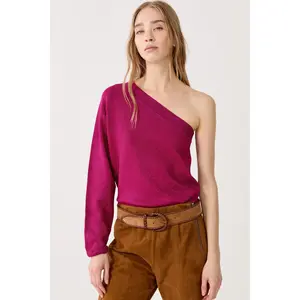 One Shoulder Glitter Knitted Top - Fucsia