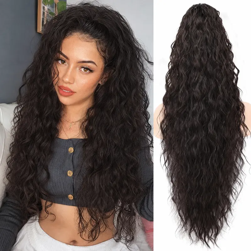[ Kookastyle ] Claw Long Wavy Ponytail Extension Black Brown 30" Curly Pony Tail Clip in Hair Extensions for Women Fluffy Natural Looking Synthetic Hairpiece for Daily Use
