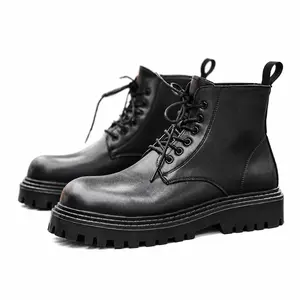 Unisex glossy leather round-toe mid-calf work boots with all laces, featuring side pull tabs and a thick multi-layer studded sole—classic street work short boots for everyday wear.
