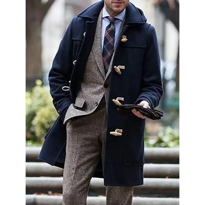 Men's Winter Travel Windbreaker - Mixed fabric oversized loose long-sleeved hooded jacket with button fastening and H-shaped silhouette, dark brown/black/blue/navy/charcoal gray - Machine washable jacket, suitable for casual and formal occasions, autumn a