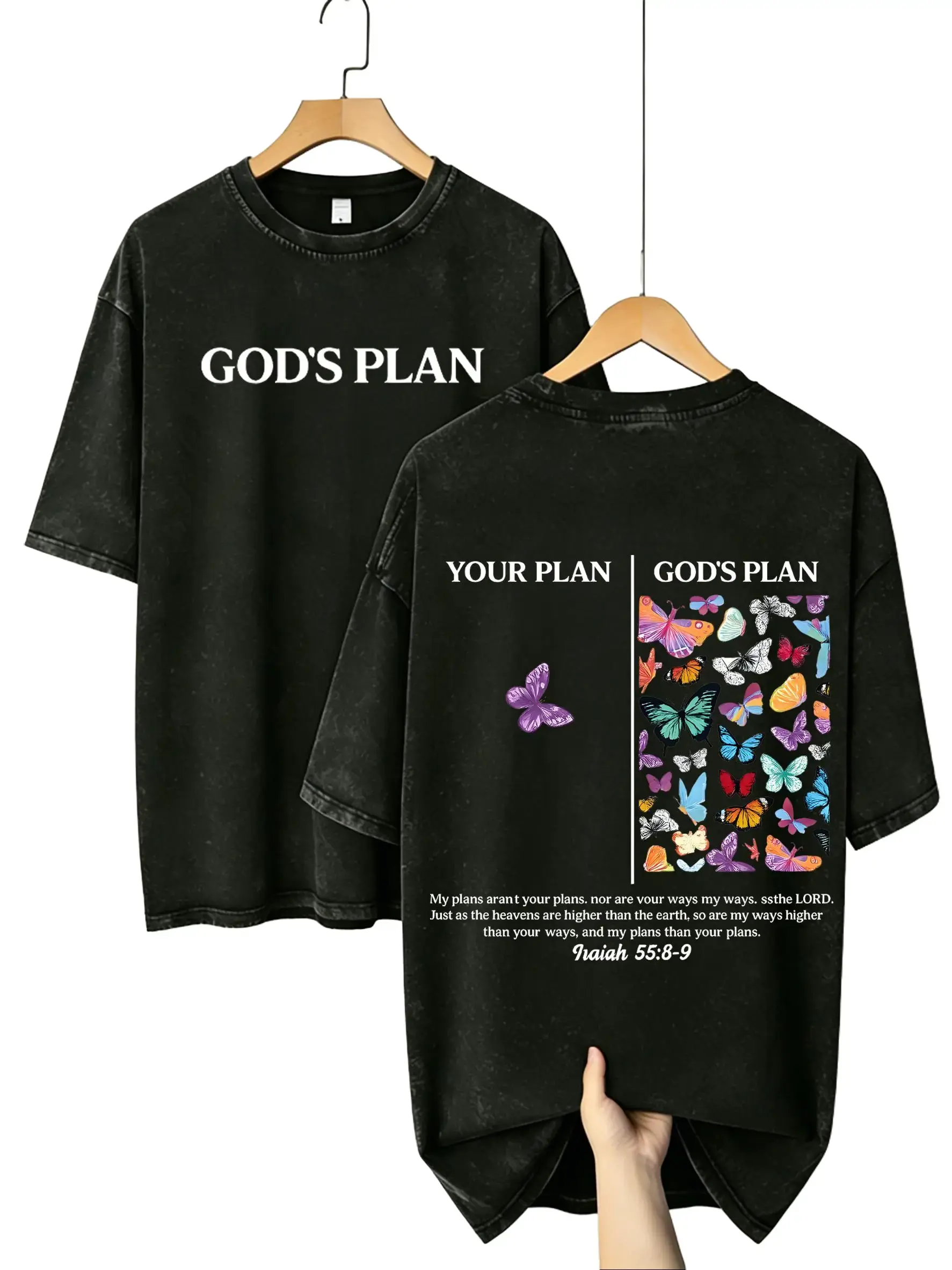 Men's Oversized Short-Sleeve Washed Streetwear Menswear Top - Unisex Christian Faith Shirt with God's Plan vs Your Plan Butterfly Graphic, Isaiah 55:8-9 Verse everyday good tees trendy t-shirt