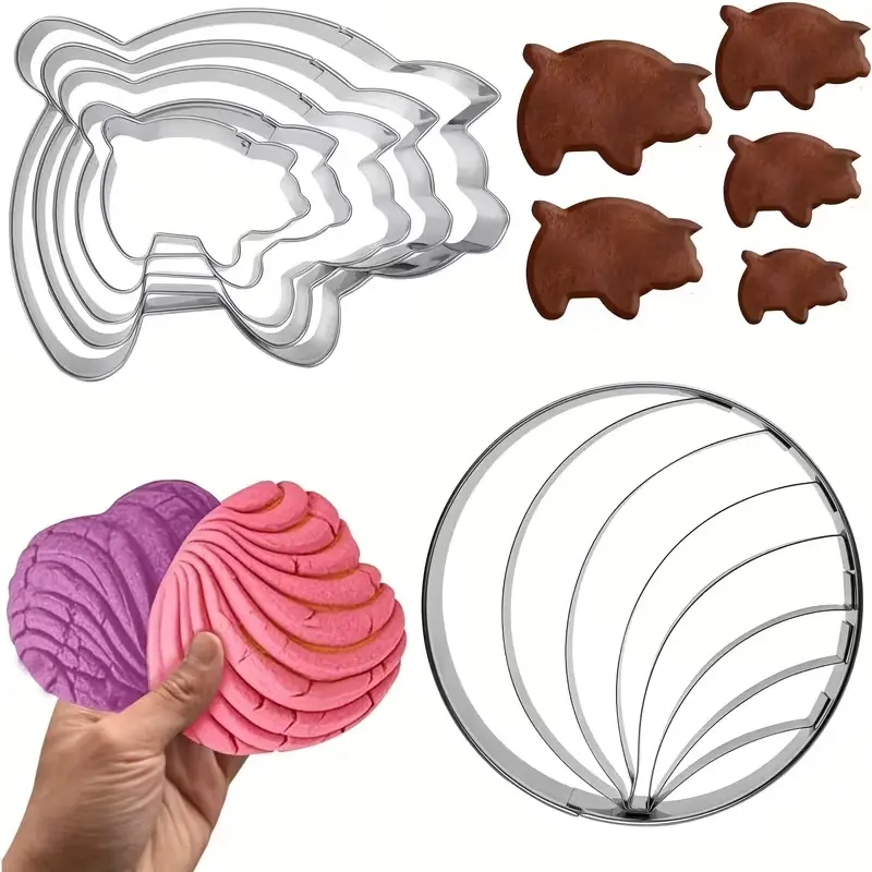 Concha Cutter Bake Utensils Set - 7 Pcs Mix Stainless Steel 4.1" Stamp, 5 Pig Cookie Cutters, Scraper, Mexican Pan Dulce Marcador de Conchas, Durable Tool for Family Baking, Clean Workstation Gifting